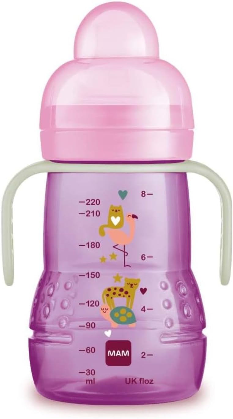 MAM Trainer Night 4+Monate, 220ml Pink mit leuchtenden Griffen im Dunkeln