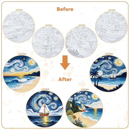 Image of BEUNITONE 4pcs Embroidery Kit, Starry Sky & Beach Stamped Embroidery Kits with Hoop, Thread & Needles, Cross Stitch Kits Sewing Gifts for Adults and Beginners, DIY Craft for Relaxation