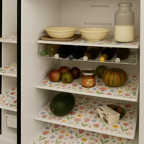 Image of Side-by-Side Door Fridge Shelf Liners Set: Mats for Refrigerator and Freezer Sections -Machine Washable Liners for Glass Shelves, Drawers, and Trays Refrigerator Accessories, Pack of 22(Spring Floral)