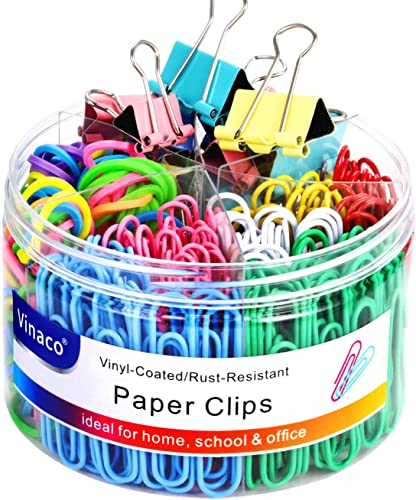 Vinaco 300 Stück Büroklammern & Binder-Clips, verschiedene Größen, farbige Büroklammern (33 mm & 50 mm), Binder-Clips (25 mm, 19 mm & 15 mm) und Gummibänder für Zuhause, Büro, Schule Cover