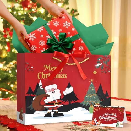 Image of JMANNI Christmas Gift Bags,1PCS Large christmas Gift Bag with Ribbon and 1 Greeting Card 2 Tissue Papers, Portable Paper Gift Bag with Handles, Reusable and Perfect For Your Xmas Presents （Red-Green）