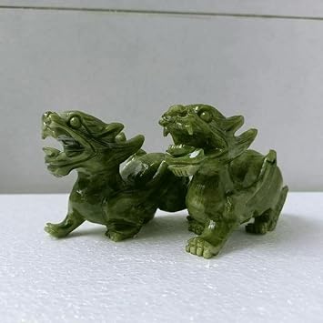 A Pair 5.12" Chinese Natural Green Jade Dragon Pixiu Statue Collect Decor