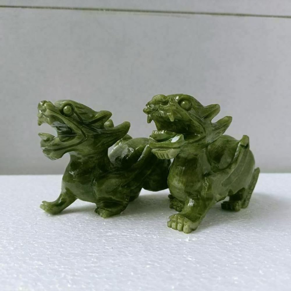 YTDJJWLS A Pair 5.12" Chinese Natural Green Jade Dragon Pixiu Statue Collect Decor