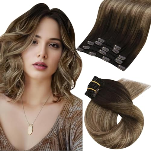 Image of Moresoo 14 inch Clip in Hair Extensions Human Hair Remy Double Weft Human Hair Clip in Extensions Balayage Hair Extensions for Women Ombre Dark Brown to Dark Ash Blonde with Golden Blonde 5pcs 80g
