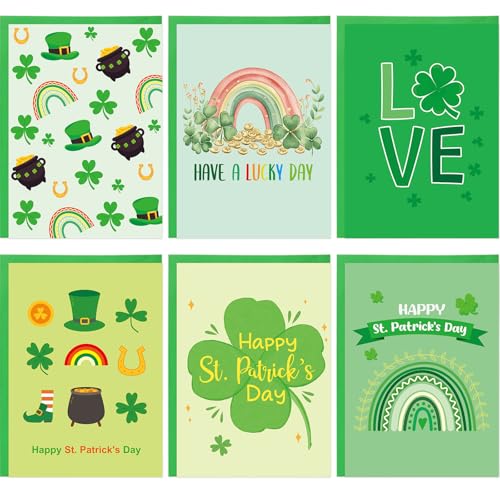 Treasure Cove St. Patrick's Day Cards Set Green Shamrock Greeting Cards with Envelopes and Stickers for Irish Holiday Supplies 12 Pcs