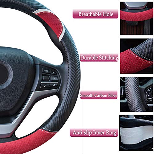 Alusbell Cute Carbon Fiber Steering Wheel Cover Synthetic Leather Auto Car Steering Wheel Cover for Women Universal Fit 15 Inch (Red)