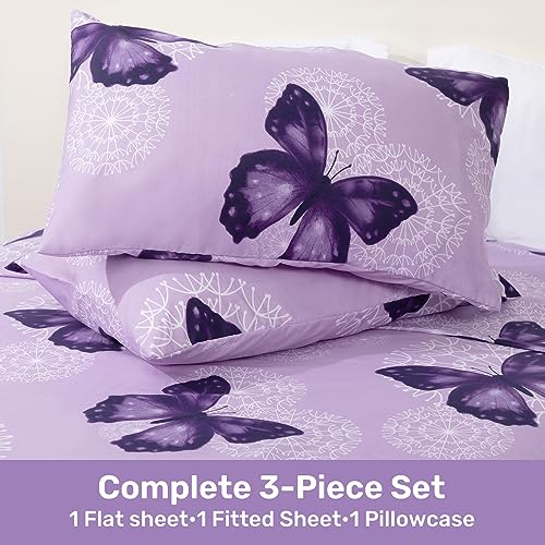 Linge de lit en microfibre douce violet, parure de lit 3 pièces lit simple avec drap plat