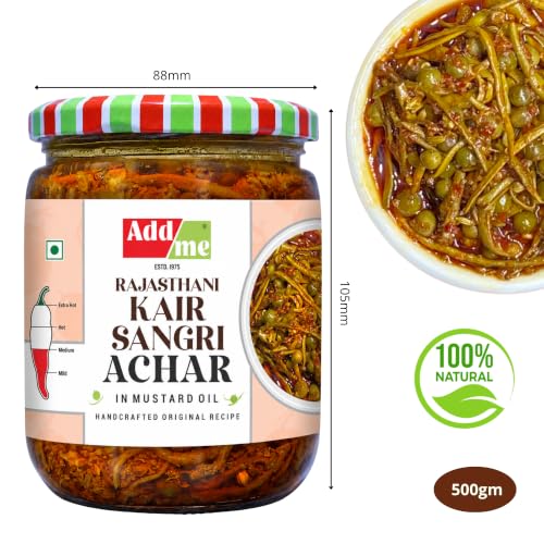 Image of Add me Rajasthani Ker Sangri Pickle In Mustard Oil 500gm | Homemade Tasty Flavour | Natural & Chemical-free Ingredients | Fresh Panchkuta Kair Sangri Pickle in Glass Jar