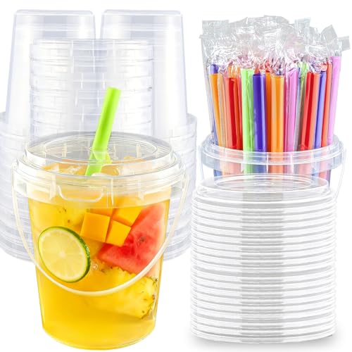 10sets 34oz Clear Drink Buckets with Lids and Straws Large Reusable Plastic Cups Disposable with Handles for Outdoor/Travel/Beverage Packaging/Pool & Beach Party/Picnic/Fathers Day Bucket Cups
