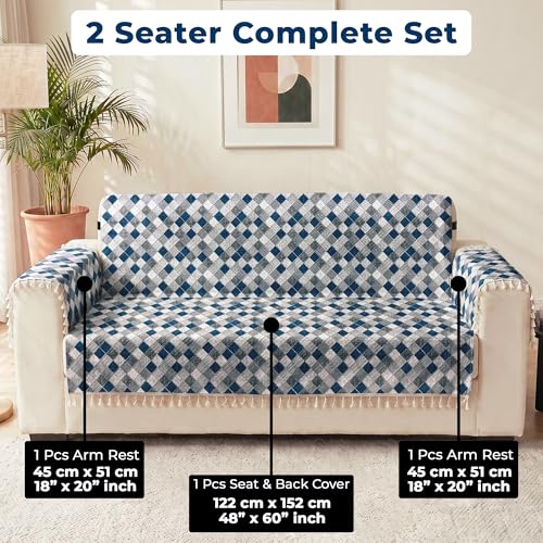 Image of Story@Home Sofa Cover with Tassel for 2 Seater Sofa | Full Protection for Seat Back & Arms | Quilted Velvet Anti Slip Sofa Mat for 2 Seater with 2 Armrest Covers (152x122 Cm) - Grey & Cyan