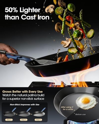 Image of Carbon Steel Frying Pan 10 Inch, Nitrided Carbon Steel Skillet, Preseasoned Rust Resistant Cooking Pan, Induction & Oven Safe Professional Cookware