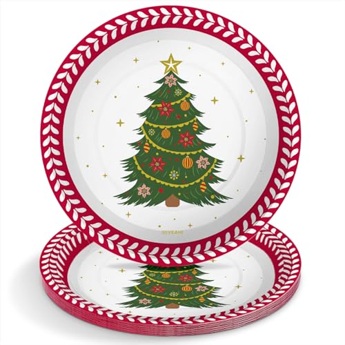 OH YEAH - 6 Unidades - Plato Cartón Desechable Navidad Abeto - Ø 23 cm - Platos, Vasos, Servilletas y Mantel - Decoración Mesa Navideña - Diseño de Abetos con Adornos - Celebraciones de Navidad