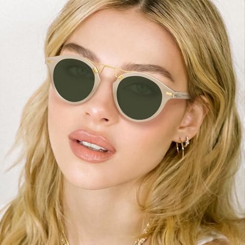 Image of CARFIA Small Face Acetate Polarized Sunglasses for Women UV Protection, Retro Double Bridge Eyewears Metal Brow Round Sunnies