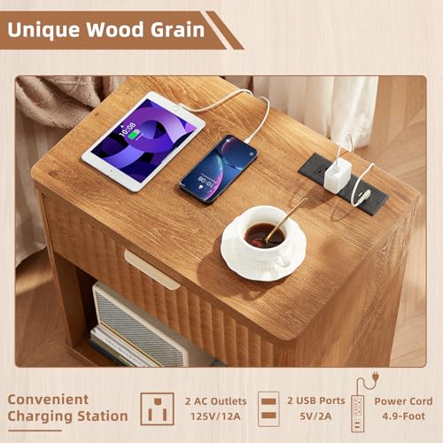 LEYAOYAO Fluted Nightstand with Charging Station, 23" Wide 1 Drawers Night Stand,Brown End Table with Open Storage,Farmhouse Bed Side Tables, Wood Dresser for Bedroom, Living Room, Closet