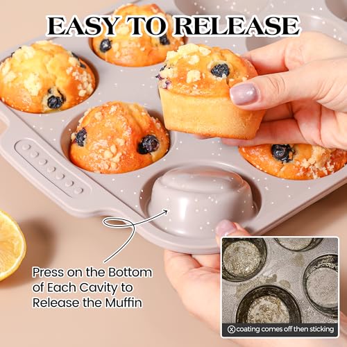 Image of 2 Pcs Silicone Muffin Pans for Baking with Metal Reinforced Frame, Nonstick Cupcake Tray for Oven, 12 Cups Regular and 24 Cups Mini Size Silicone Molds for Egg Bites (Brown, Cream)