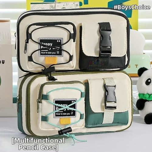 Image of Alokik Multi-Compartment Pencil Pouch Large Capacity Pen Case with Zipper & Buckle Pocket, Durable Canvas Stationery Organizer for School Office Travel, Stylish Storage Case (Green Happy Every Day)