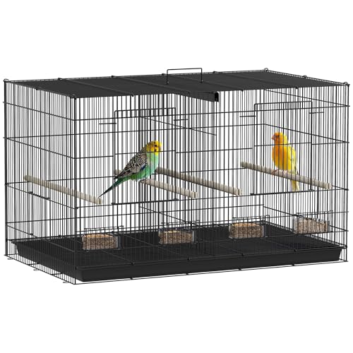 PawHut Jaula para Pájaros con Divisor, 76x46x46 cm, Pajarera con 4 Comederos, 4 Perchas y Bandeja Extraíble, Jaula para Loros, Canarios, Periquitos, Negro