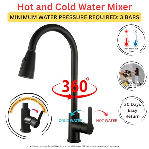 Image of Flora SS-304 Pull Down Sprayer Kitchen Hot and Cold Sink Mixer Tap with 360 Swivel Spout and Pull Out Multifunction Spray Head Faucet - Regular (FU | Black)