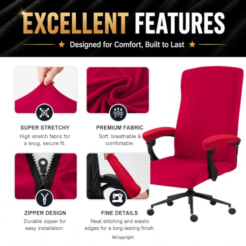 Image of Stretch Computer Office Chair Cover with Armrest Covers Durable Zipper Universal Washable Removable Spandex Rotating Boss Chair Slipcovers Anti-dust Soft Desk Chair Seat Protector, Red