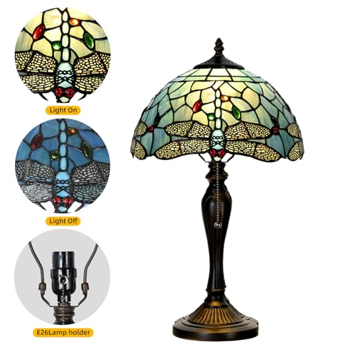 Image of TL0023 Tiffany Style Dragonfly Table Lamp Stained Glass Blue Shade Reading Desk Light 12 X 20 Inches for Bedroom Living Room Home Office, Vintage Handcrafted Accent Decor, LED Blub Included
