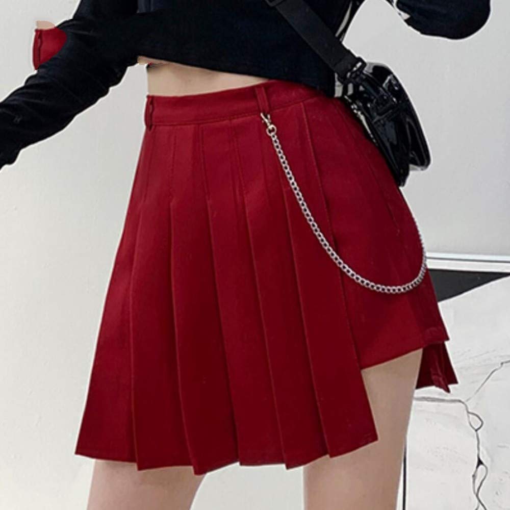 Falda Mujer Mini,Falda Acampanada De Cintura Alta Cadena De Metal Plisada Irregular Verano Sexy Punk Goth Falda Corta con Cremallera para Niñas Damas Playa Fiesta De Vacaciones
