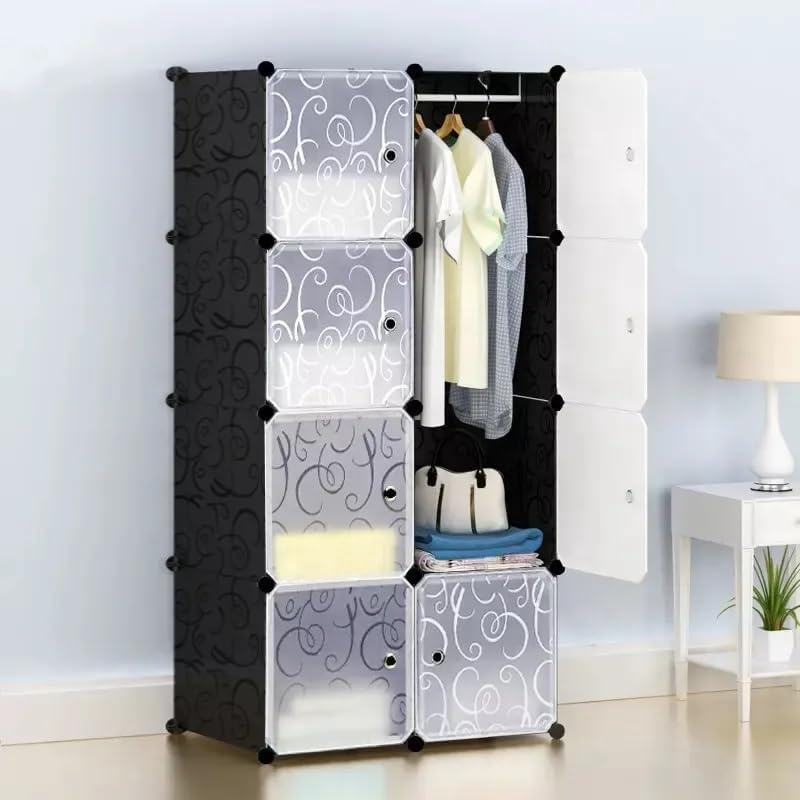 Image of Kids Plastic Modular Wardrobe Storage Cabinet | DIY Clothes Organizer Closet for Children | Multi-Compartment Foldable Storage Cupboard with Hanging Space | Pink Cartoon Design