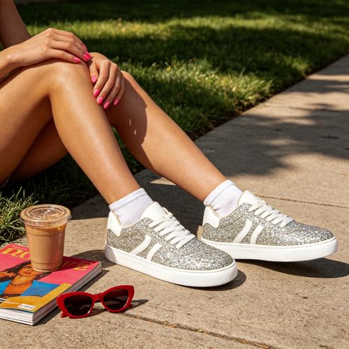 Image of Suokdil Sparkle Rhinestone Sneakers for Women - Bling Fashion Bedazzled Platform Tennis Shoes - White Glitter Sequin Wedding and Party Shoe