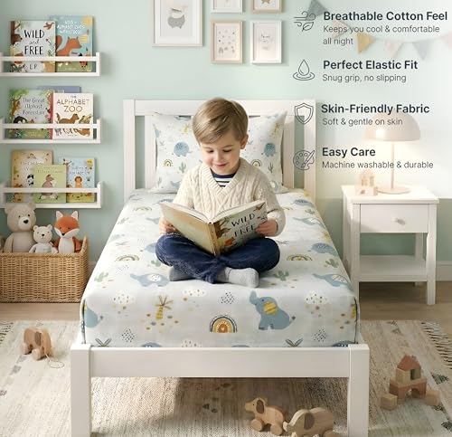 Image of VAS COLLECTIONS Single Bed Fitted Bedsheet 36x72+8 Inches with 1 Pillow Cover | 180 TC Microfiber Elastic Bed Sheet | Soft Breathable Cute Printed Design for Kids & Couples (Kid Elephant Print)