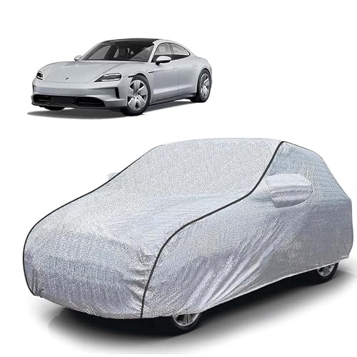 Image of Sulfar 100% Waterproof Car Body Cover Compatible with Mirror for Porsche Taycan (Triple Stitched, Full Bottom Elastic, Magic Silver with Black Piping)