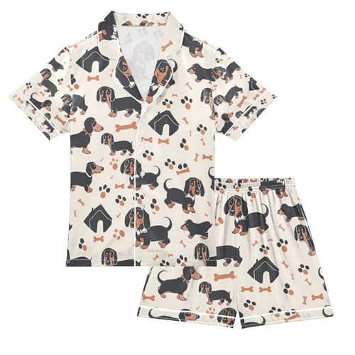 senya Dachshund Dog Bone Satin Summer Pajama Sets Silk Short Sleeve Button Down Sleepwear