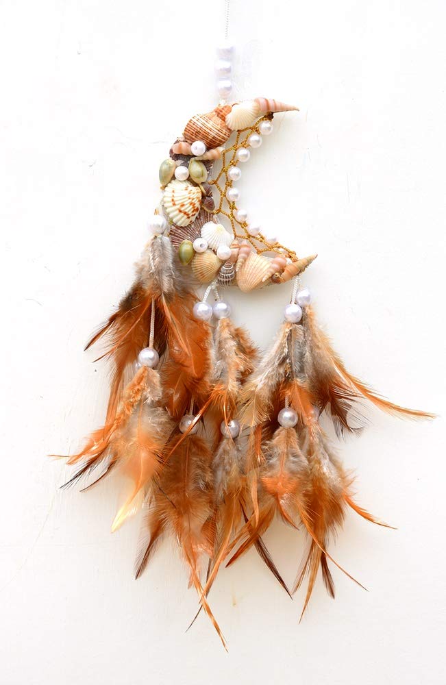 brand Metal Yuvi Creations, Moon Shape, Sea Shell Dream Catcher, Fine Quality Feathers (Brown, Pack Of 1)