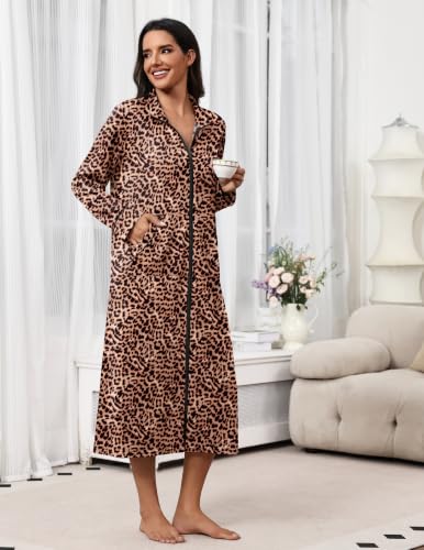 Image of Ekouaer Women Zipper Robes Long Sleeve Lightweight House Coats with Pockets