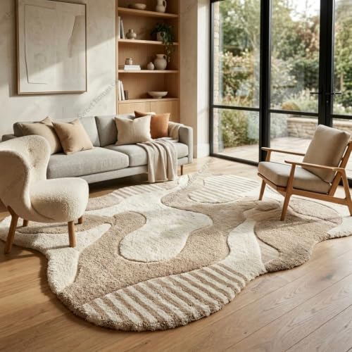 Image of SWEET HOMES Carpet for Hallway, Irregular Handwoven Shaggy Abstract Area Rug | Ultra Soft Plush Anti-Skid. 7 x 7 Feet (213 x 213 cm), Ivory /Beige