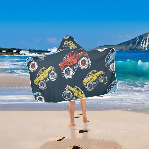 Image of Colorful Monster Trucks Style Hooded Beach Towel for Kids, Kids Bath Hooded Towels for Boys Girls, Super Soft Absorbent Bathrobe with Hood for Swin Pool 50 inchx23.5 inch
