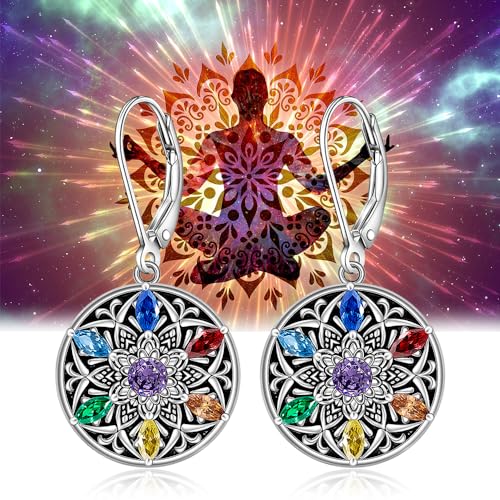 Mandala Chakra Earrings for Women Sterling Silver Lotus Flower Earrings Dangle Drop Leverback 7 Chakra Gifts Om Symbol Yoga Jewelry4