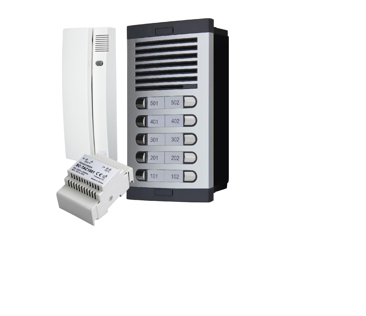 Kit portiere automatico – 2 fili, facile installazione, completa piastra stradale, scatola, alimentatore DIN 12Vac/1A e telefoni (10 alloggiamenti)