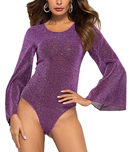 DEARAIMILI Mujer Rojoondo Cuello Ancho Campana Manga Larga Bodysuit,Púrpura,2XL