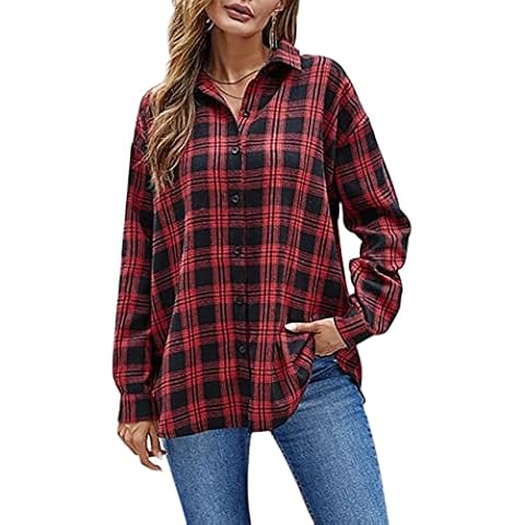 SAFRISIOR Women’s Flannel Plaid Shirts Oversized Batwing-Sleeve Button Down Long Sleeve Collar Shirt Blouse Tops, Red, L Cover