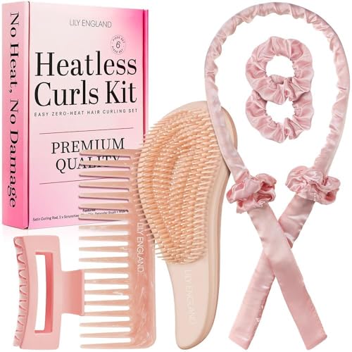Rizador de Pelo Sin Calor Lily England - Set 6 Piezas para Rizos Perfectos - Incluye Cepillo, Gomas, Clip y Peine - Diadema de Satén para Rizos Mientras Duermes