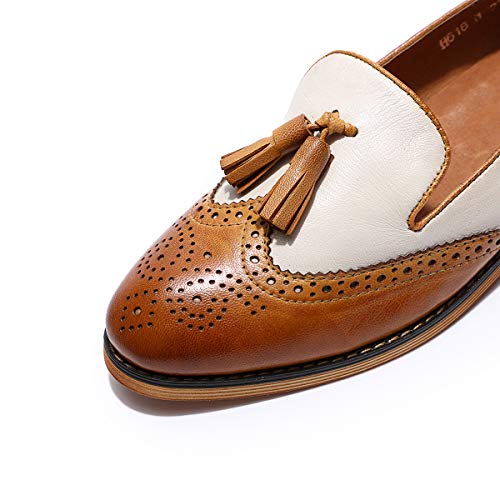 Image of Mona flying Women's Leather Tassel Loafers Slip on Brogue Flat Office Shoes
