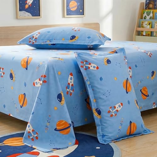Image of Story@Home Space Theme Kids Double Bedsheet 225x250 cm with 2 Pillow Covers | Cotton Feel 180 TC Soft Fabric | Space Blue Astronaut & Galaxy Design | Breathable & Skin Friendly