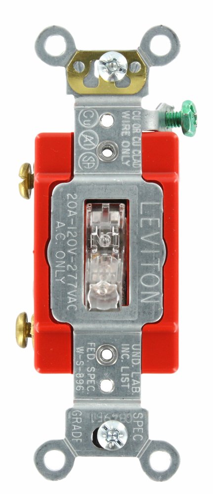 Leviton 20-Amp, 120 Volt, Toggle Lighted Handle, Illuminated Off Single-Pole AC Quiet Switch, Extra Heavy Duty Grade, Self Grounding, 1221-LHC, Clear