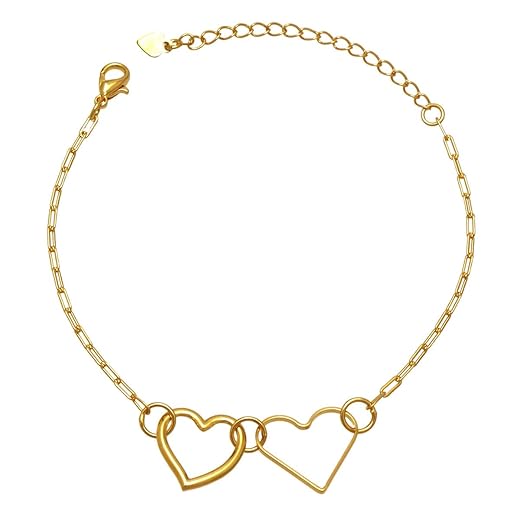 Pulseira com Dois Corações e Elo Quadrado Folheada em Ouro 18K Softjoias