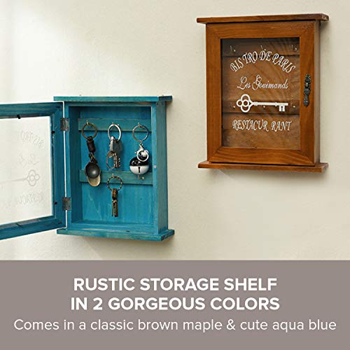 Glass Wooden Box Key Holder For Wall With 6 Hooks - 8.27" X 9.84" X 2.36" Entryway Storage Cabinet - Rustic Decor & Floating Shelf - Key Rings & Mail Organizer Wall Shelf - Vintage Wall Decor - Brown #TOP4