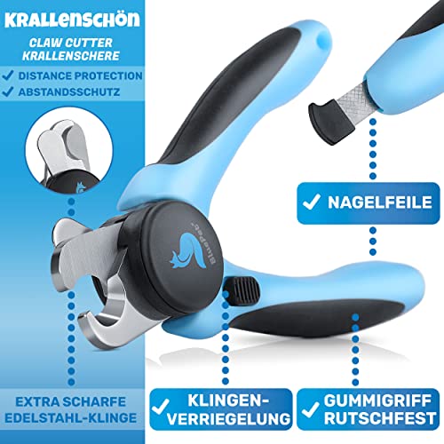 BluePet Krallenschere mit Schutz für Hunde & Katzen I Einsteigerfreundlich I Krallenzange für kleine & große Krallen + Krallenfeile im Griff - Alternative zu Nagelschere & Krallenschleifer