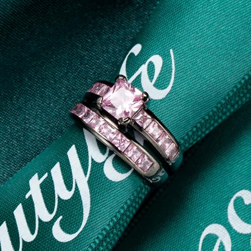 2in1 Retro Black Halo Princess Cut Created Pink Topaz Ruby Amethyst Cubic Zirconia Wedding Engagement Eternity Square Rings Set Women's Band Vintage for Bridal Mom Lover2