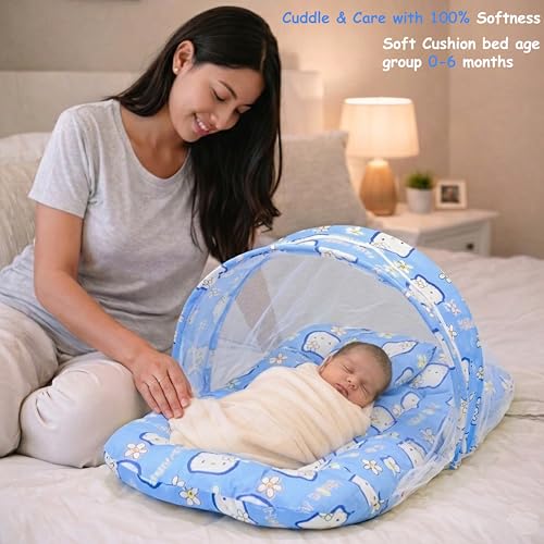 Image of Fareto Combo of Baby Mattress with Net | Carry Bag | 4 Pcs Bedding Set(0-6 Months) (Blue)