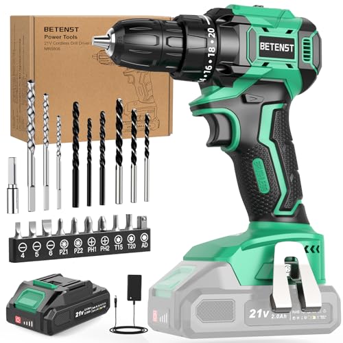 Taladro Atornillador Batería Sin Escobillas, BETENST Atornillador Electrico 21V con 2.0Ah Baterías, 45N.m Taladro Inalámbrico, 20 Ajuste de Par, 20 Accesorios, 2 Velocidad, Luz LED Para Bricolaje
