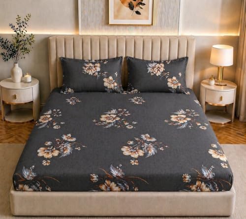 Image of Castiqa Elastic Fitted Supersoft Premium Polycotton 200TC King Size Bedsheets with 2 Pillow Covers (Fits Upto Mattress of 8Inches) (Gray, Full 72x78x8Inch)