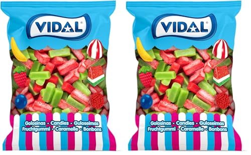 Vidal Golosinas. Jelly Sandía. Gominolas gelatinosas sabor sandía con textura suave y refrescante. Colores verde y rojo. Sin gluten ni grasa. Bolsa 250 u (Paquete de 2)